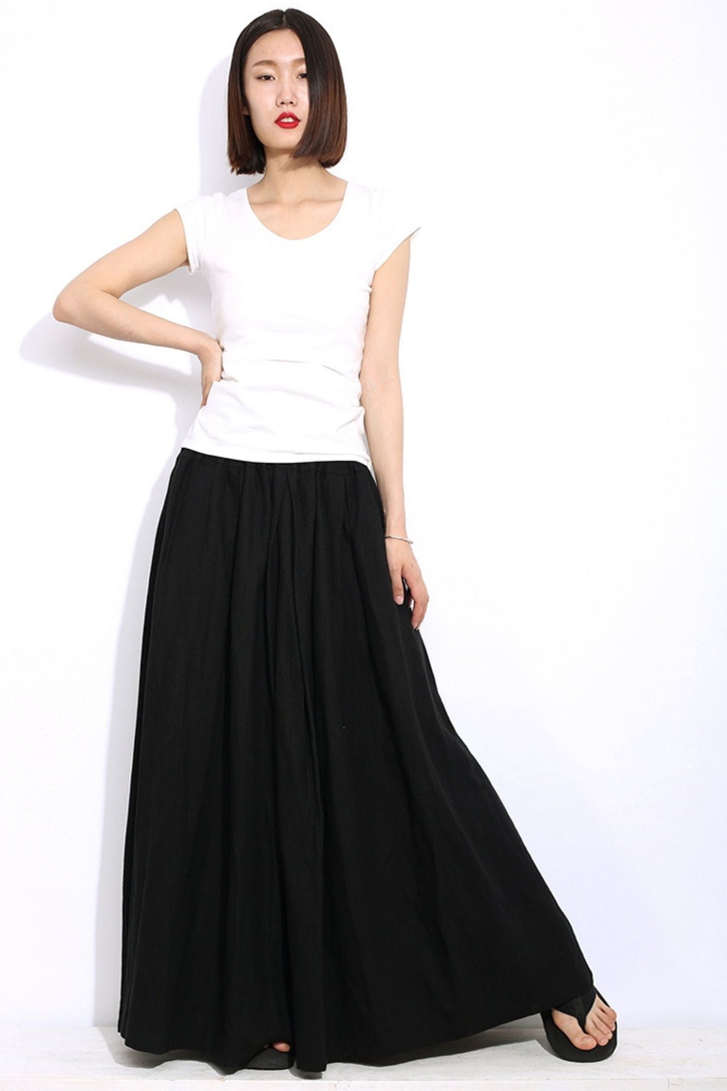 Black linen maxi long skirt C331