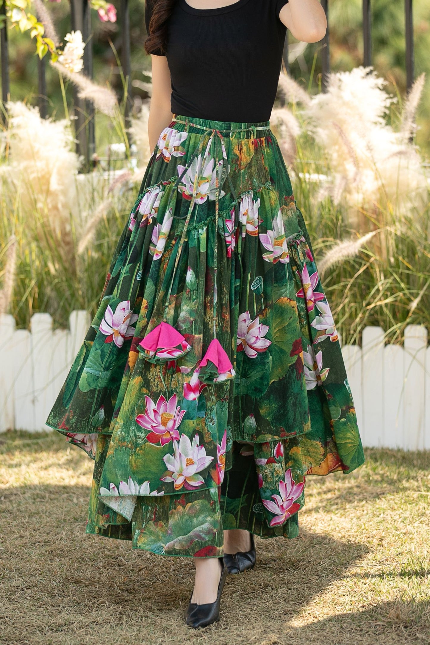 Green Floral Linen Cotton Maxi Skirt with Elastic waistband – High Waisted Pleated Full Skirt for Women, Ylistyle C5438