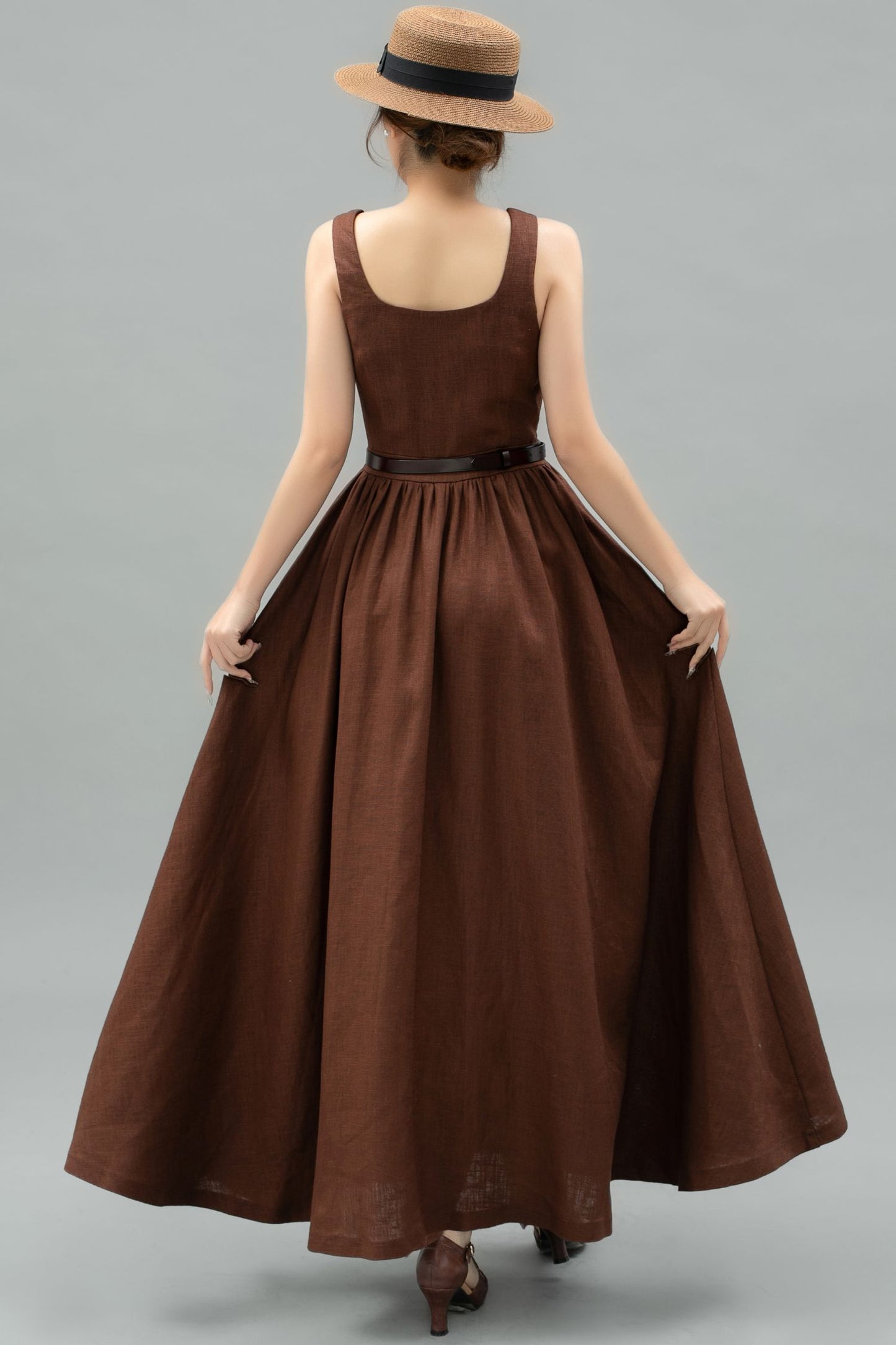 Brown linen Pinafore Maxi Dress C4746