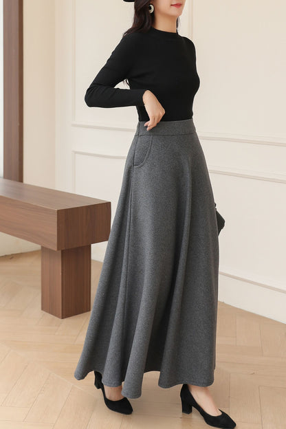 Dark Gray Long A-Line Wool Skirt C5191