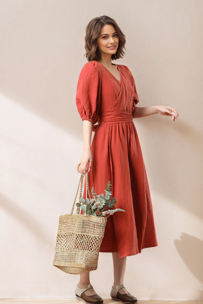 Women's Orange Linen Dress C5328