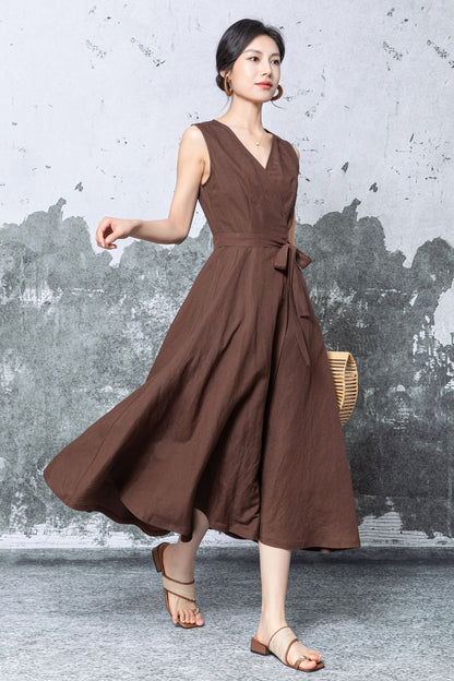 Brown Linen Wrap Midi Dress - Sleeveless V-Neck Tie Waist c5476