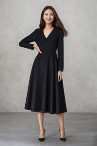 V neck midi winter wool dress C4452