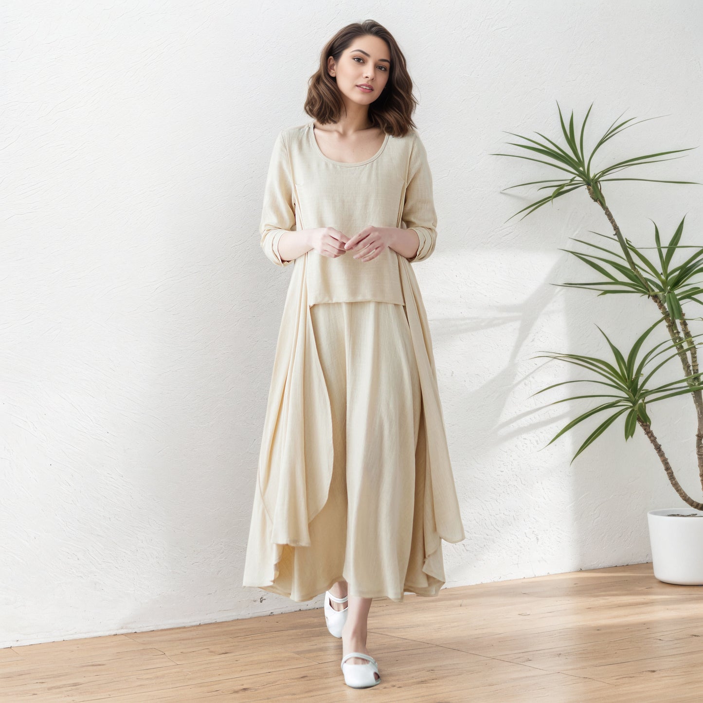 Asymmetrical spring Linen dress C5414