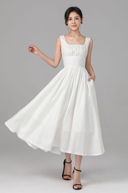Off White Linen Midi Dress - Sleeveless Square Neck A-Line Silhouette C5525