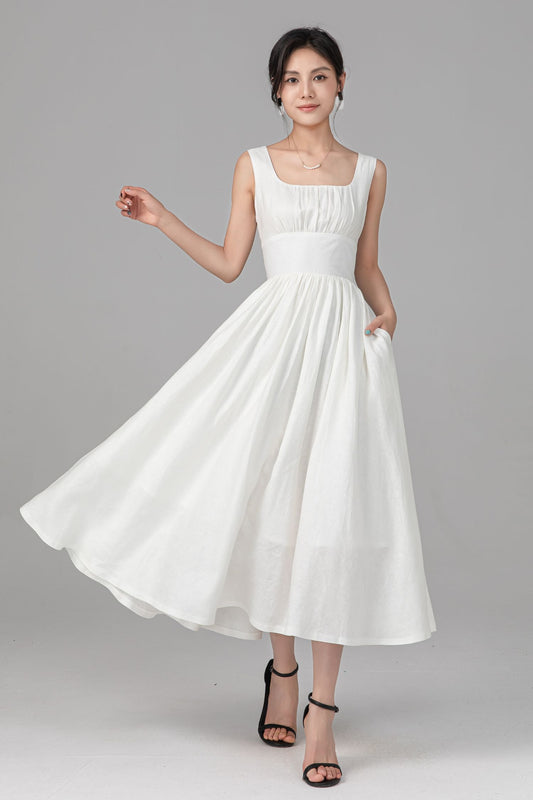 Minimal Off White Party Linen Dress：Sleeveless Square Neck A-Line Midi Dress, Ylistyle C5525