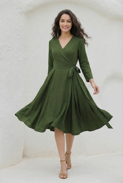 V-Neck Swing Midi linen dress with Waist Tie C5393