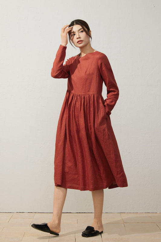 Elegant Orange Linen Dress C3924