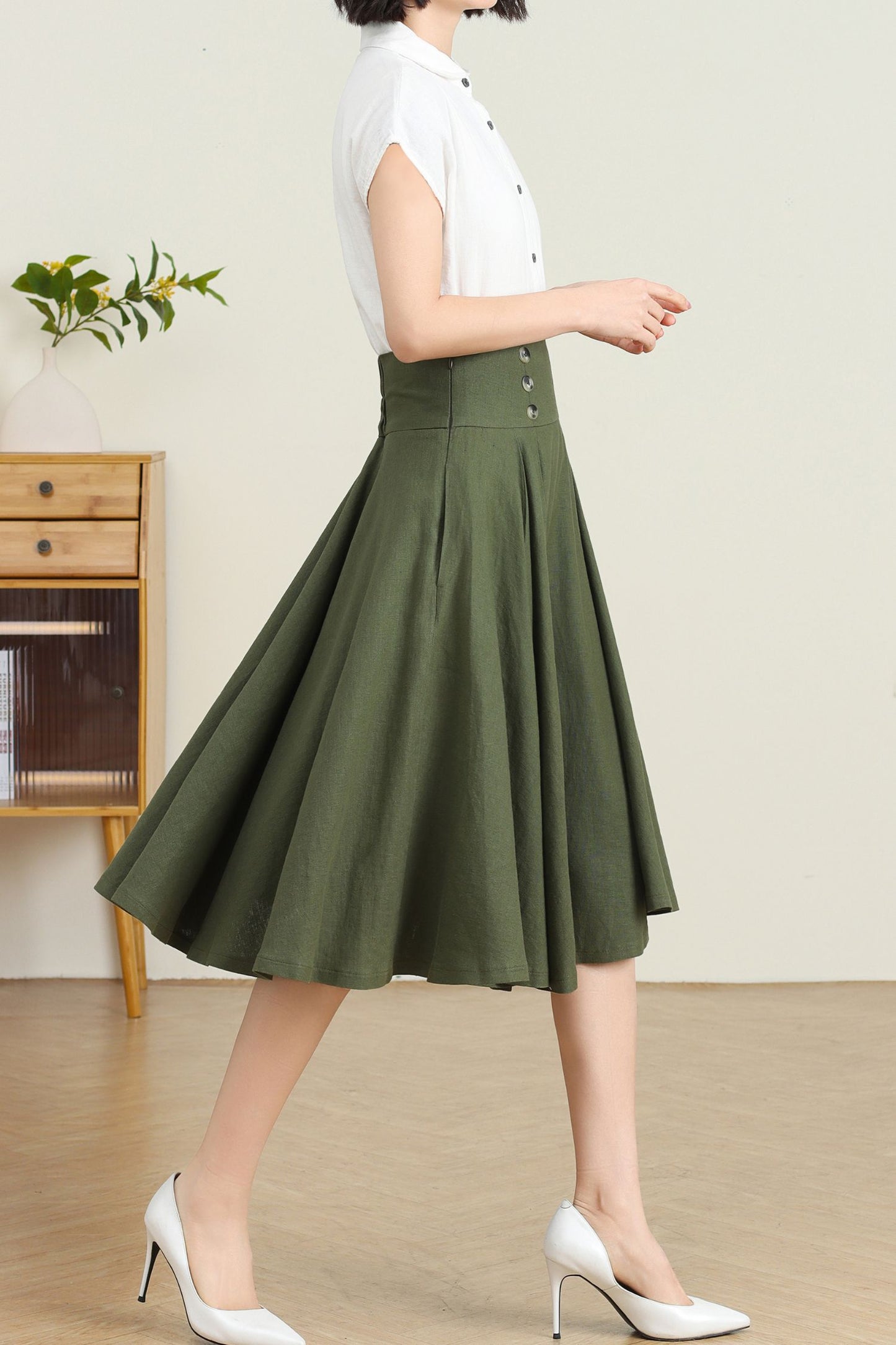 Green Pleated Swing Skirt with Pockets C4729