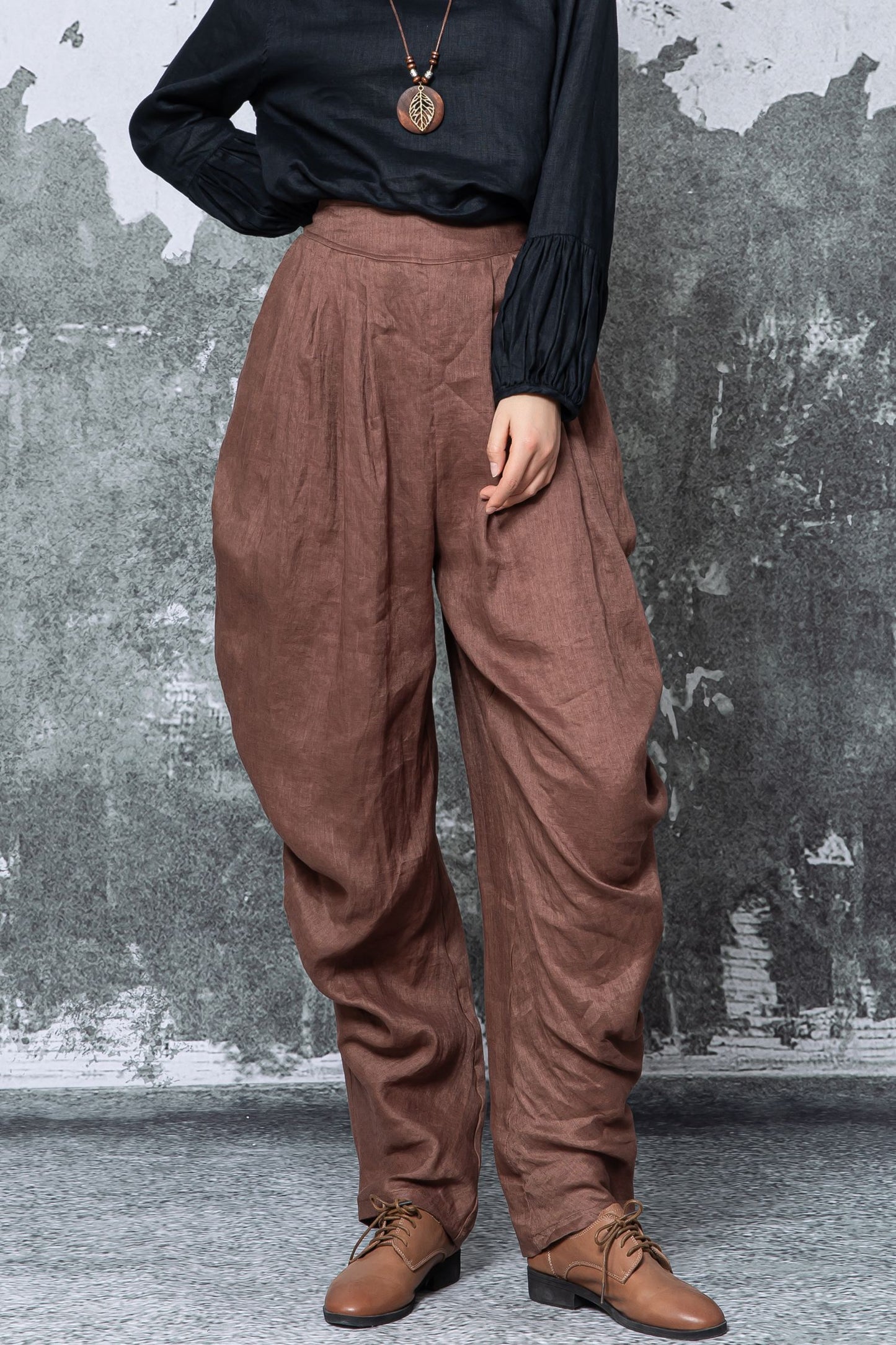 Brown Linen Harem Pants - High Waisted Wide Leg Relaxed Fit c5462