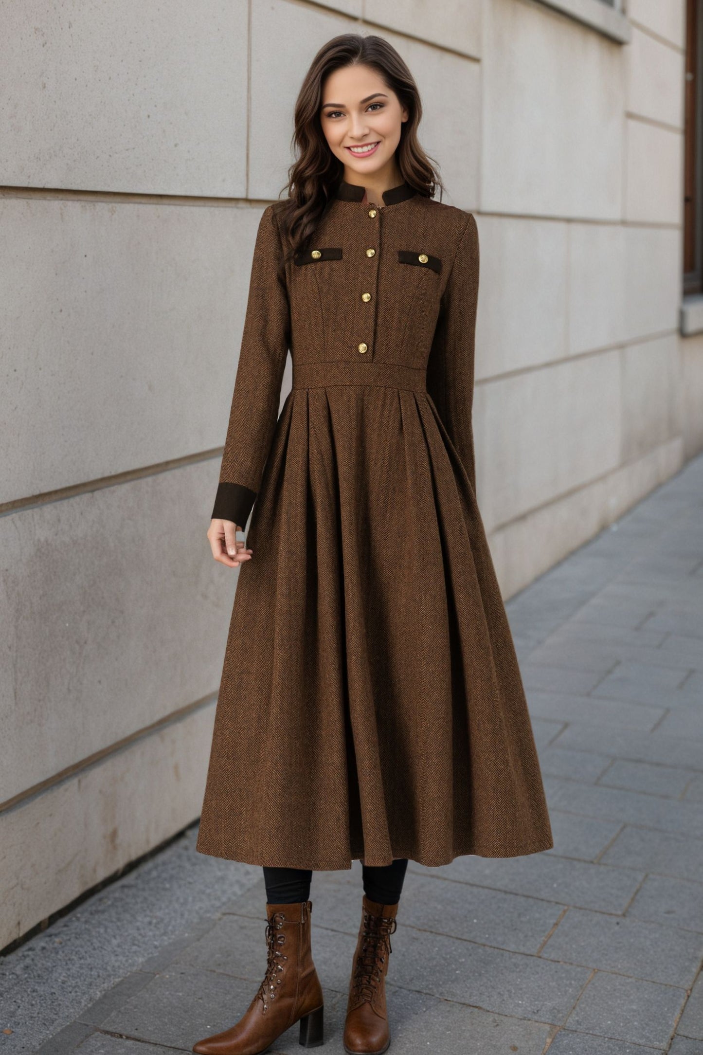 Warm Winter Military Button front Wool Dress Women C5194