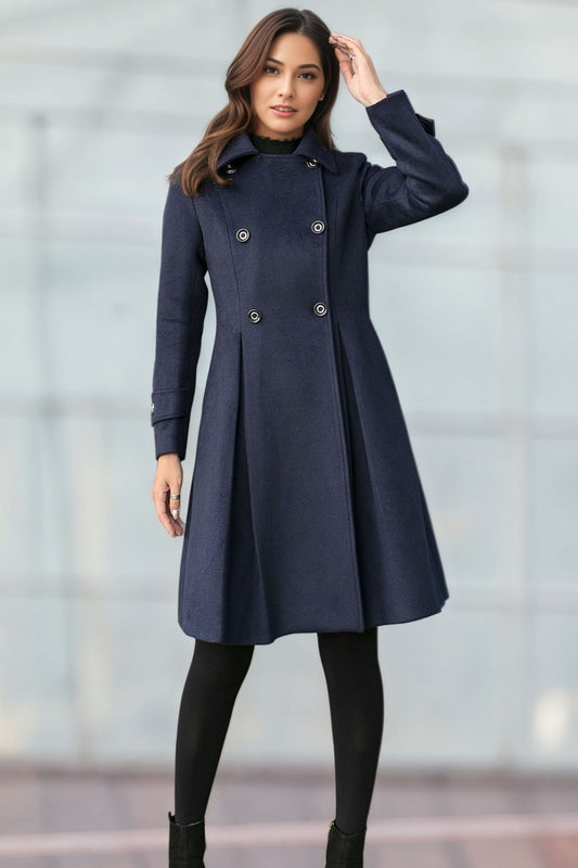 Navy blue Double Breasted Wool Coat C4956