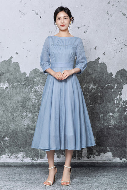 Blue Linen Midi Dress - Pleated Neckline Swing Silhouette c5475