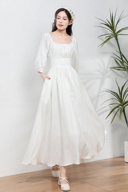 White Linen Swing Dress - Flowy Midi linen Dress C4766