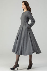 Grey Fit and Flare Wool Dress C4318