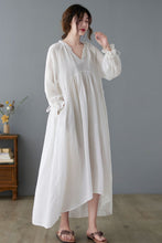 Load image into Gallery viewer, White Vantage Inspired French Long Swing Casual Pure Linen Dress C2237
