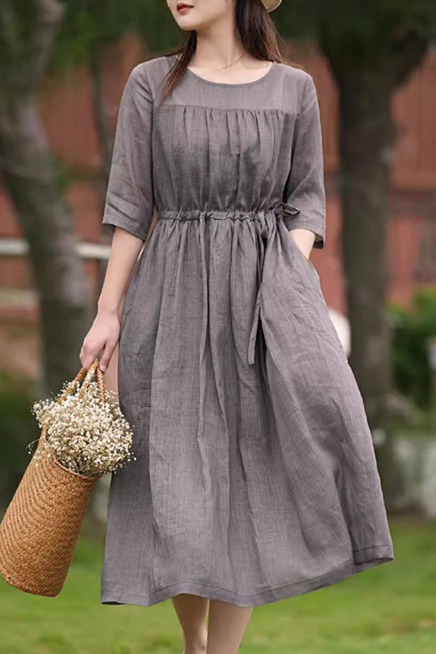 Grey Vintage Cotton Linen Dress C3892 YLISTYLE Grey Vintage Cotton Linen Dress C3892 YLISTYLE