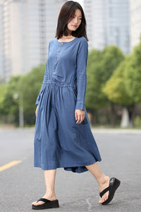 Blue Waist Drawstring Loose Dress C267