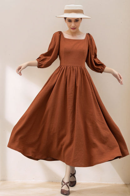Puffy Sleeve womens long Linen Dress C5360