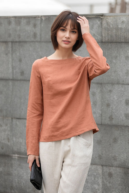 Orange Linen Blouse: Long Sleeve Boat Neck Relaxed Fit Women’s Top, Ylistyle C5409