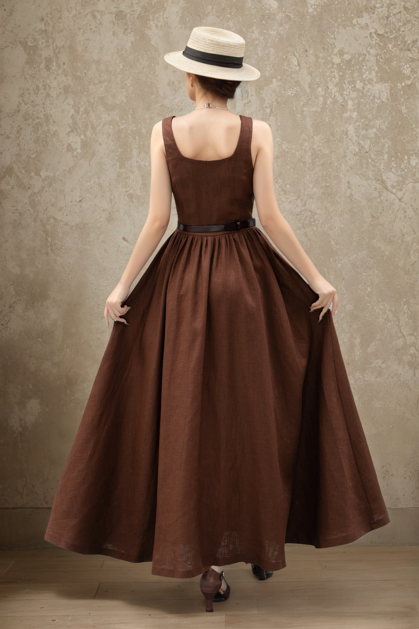 Brown linen Pinafore Maxi Dress C5363