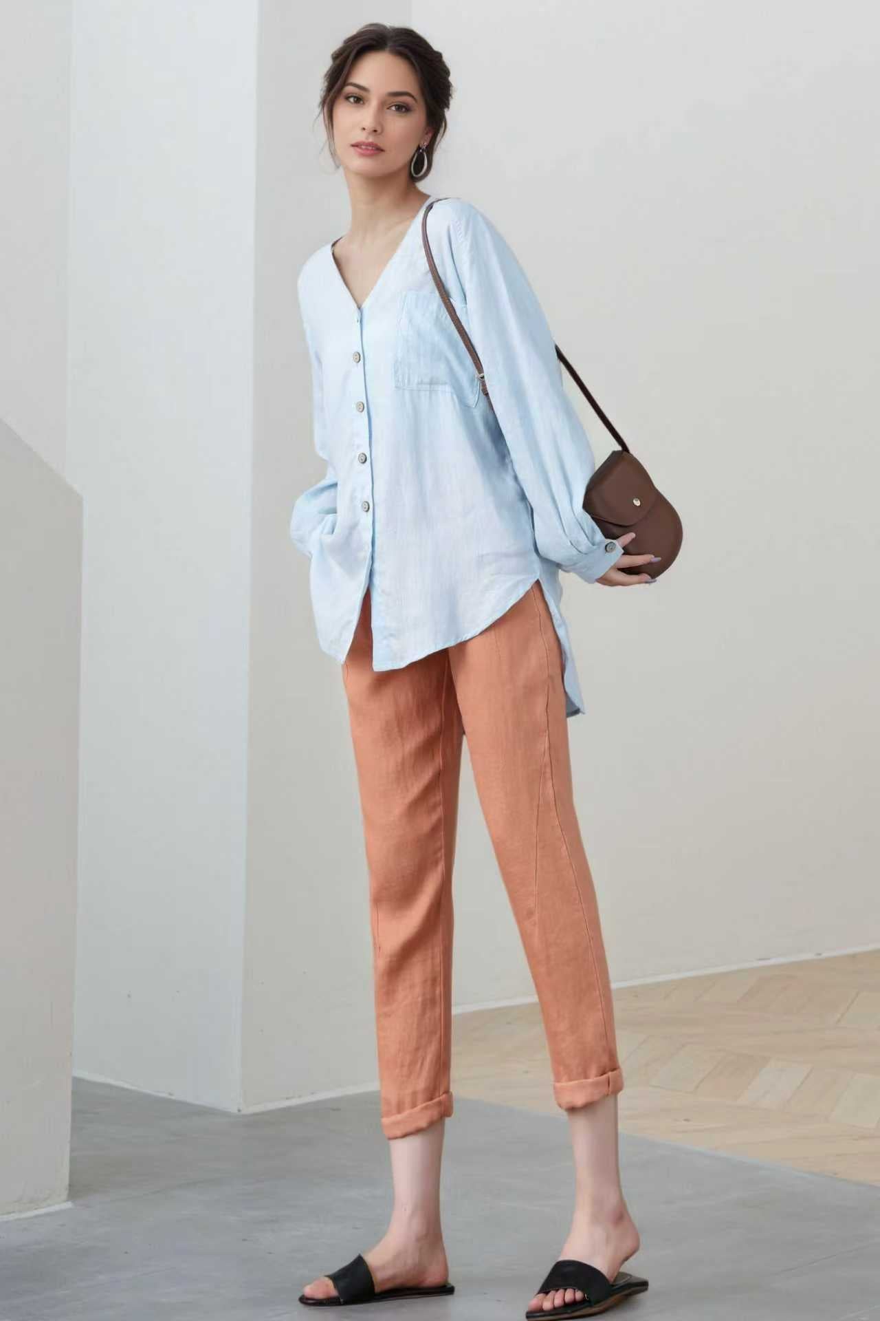 Light Blue Linen Blouse: Oversized V-Neck Long Sleeve Button-Up Top, Ylistyle C5324