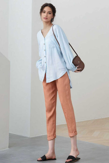 Light Blue Linen Blouse: Oversized V-Neck Long Sleeve Button-Up Top, Ylistyle C5324