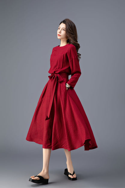 Women's Spring Burgundy Linen belted Dress C3909