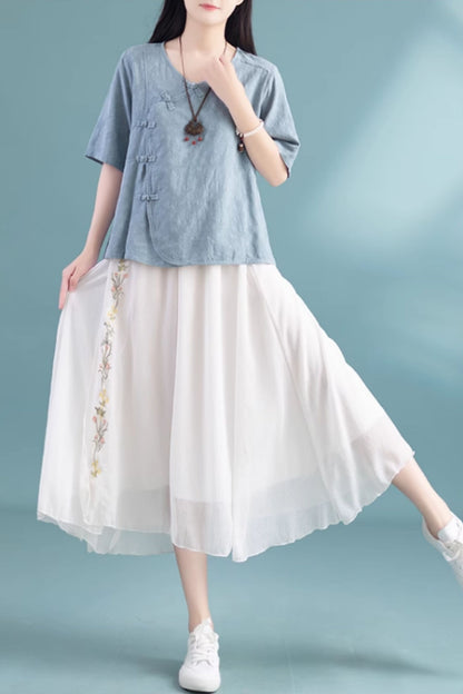 Loose fitting asymmetrical linen summer blouse C5050