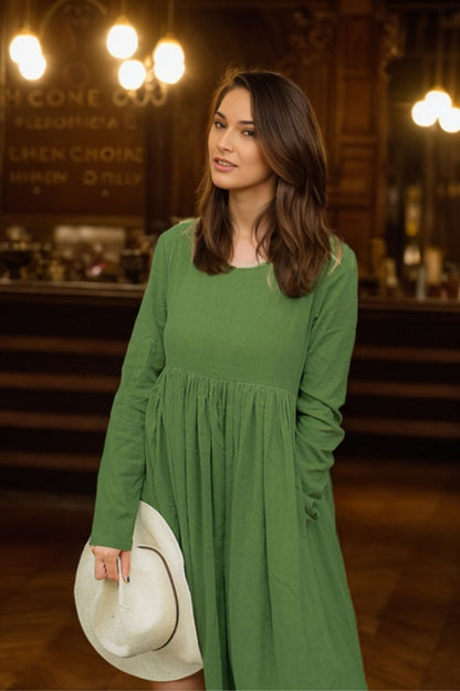 Long-Sleeve Green Linen Maxi Dress C4632