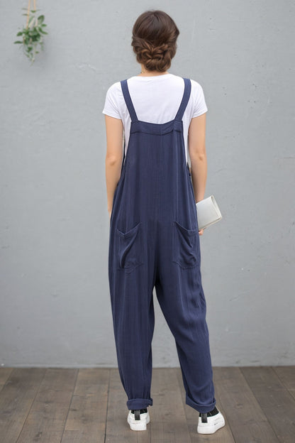 Navy Linen Cotton Overalls: Loose Fit Women’s Summer Jumpsuit, Ylistyle C5408