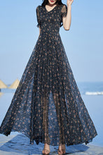 Load image into Gallery viewer, Black floral chiffon V-neck dress C4084
