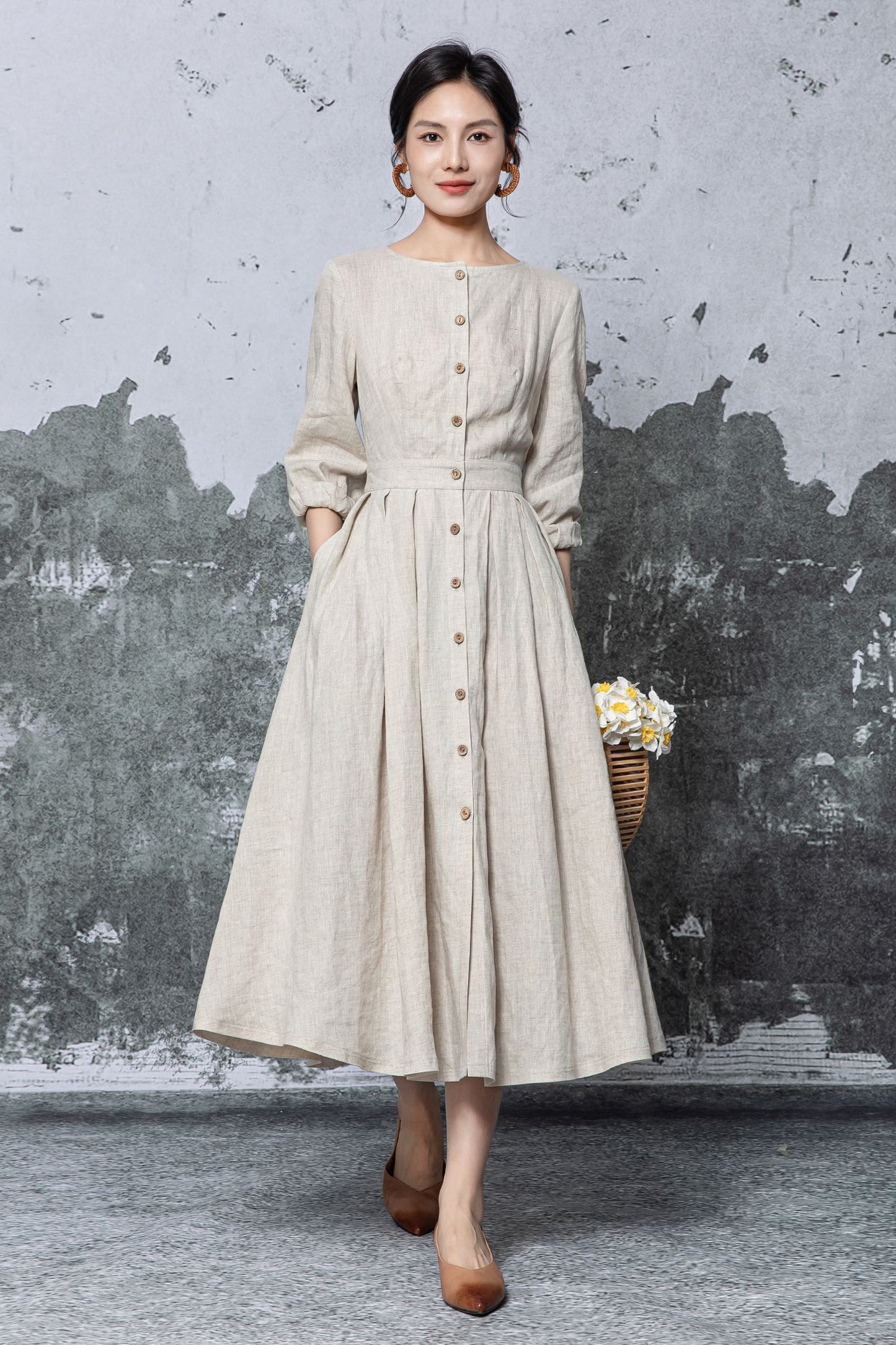 Beige Linen Midi Dress - Button Front Pleated A-Line Silhouette c5469