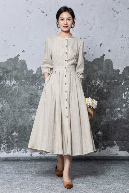 Beige Linen Midi Dress - Button Front Pleated A-Line Silhouette c5469