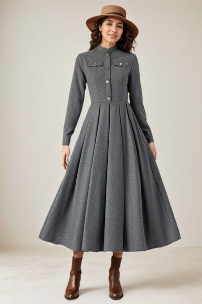 Autumn/winter Gray Wool Dress C4316