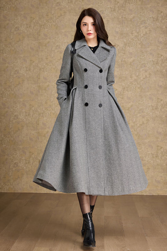 Fit and flare long wool coat women C4477