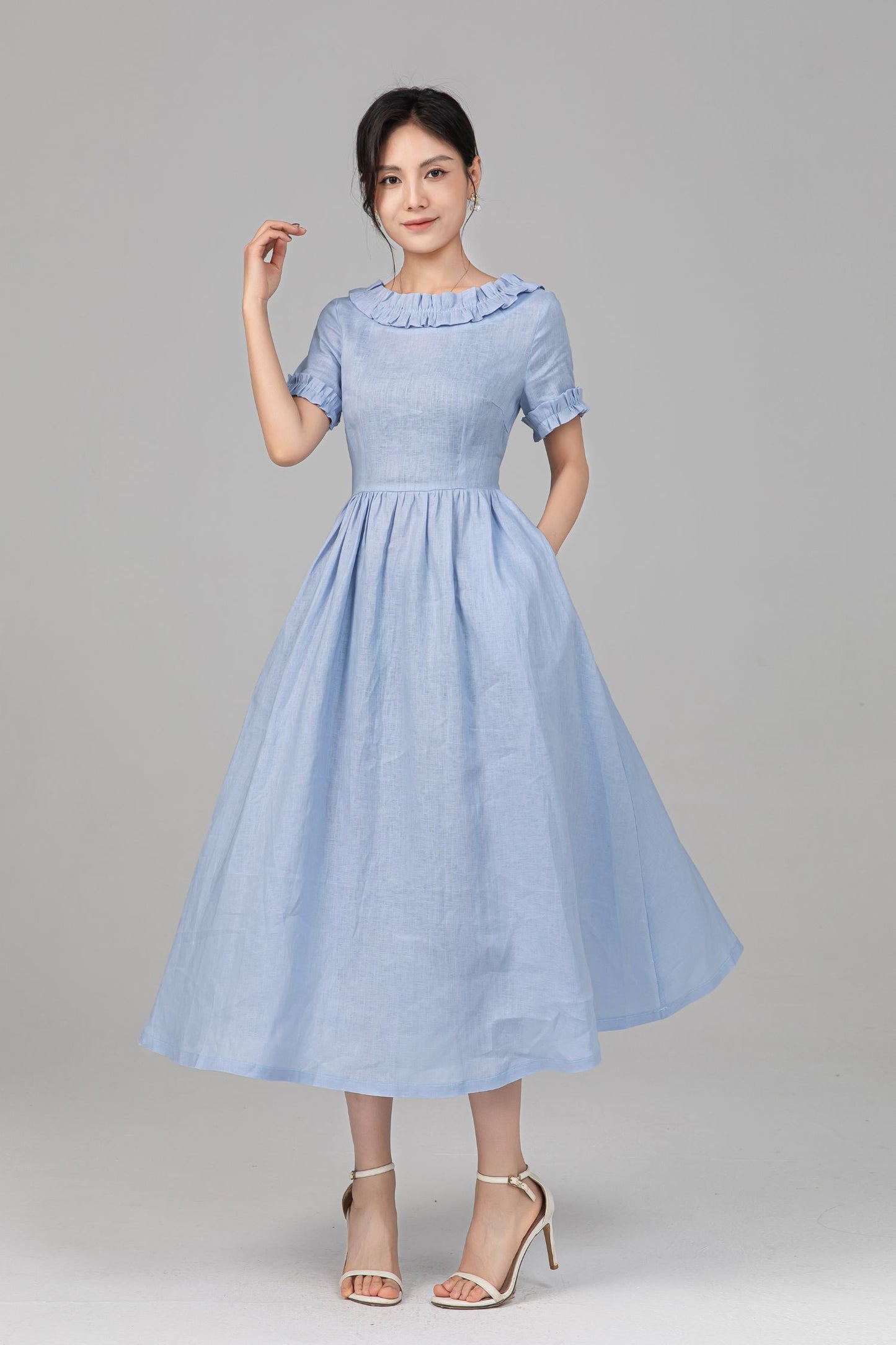 Light Blue Linen Midi Dress - Ruffle Neckline, Fit-and-Flare Silhouette c5518