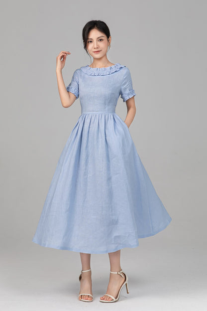 Light Blue Linen Midi Dress - Ruffle Neckline, Fit-and-Flare Silhouette c5518