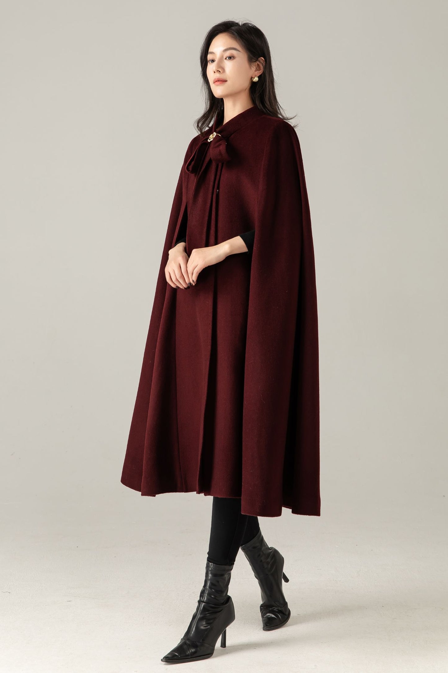 Burgundy Wool Blend Cape Coat: Women Long Winter Cape Outerwear, Ylistyle C5378