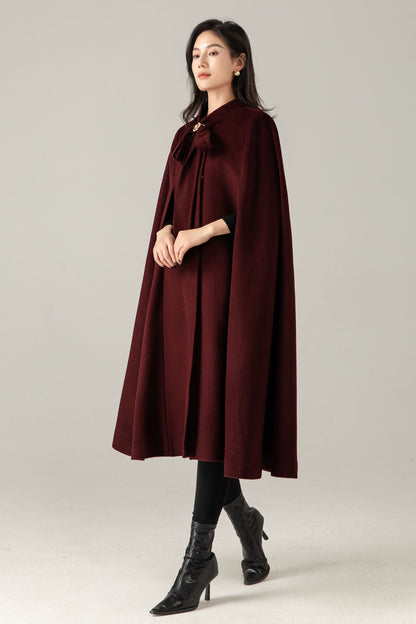 Burgundy Wool Blend Cape Coat: Women Long Winter Cape Outerwear, Ylistyle C5378