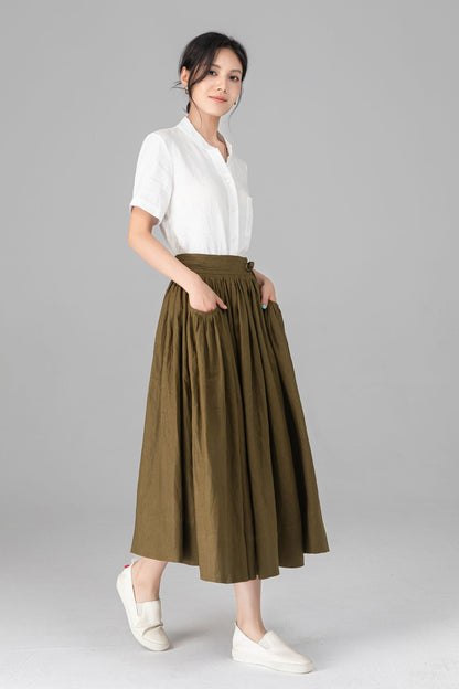 Olive Green Linen Midi Skirt - High Waisted A-Line with Pleats C5522