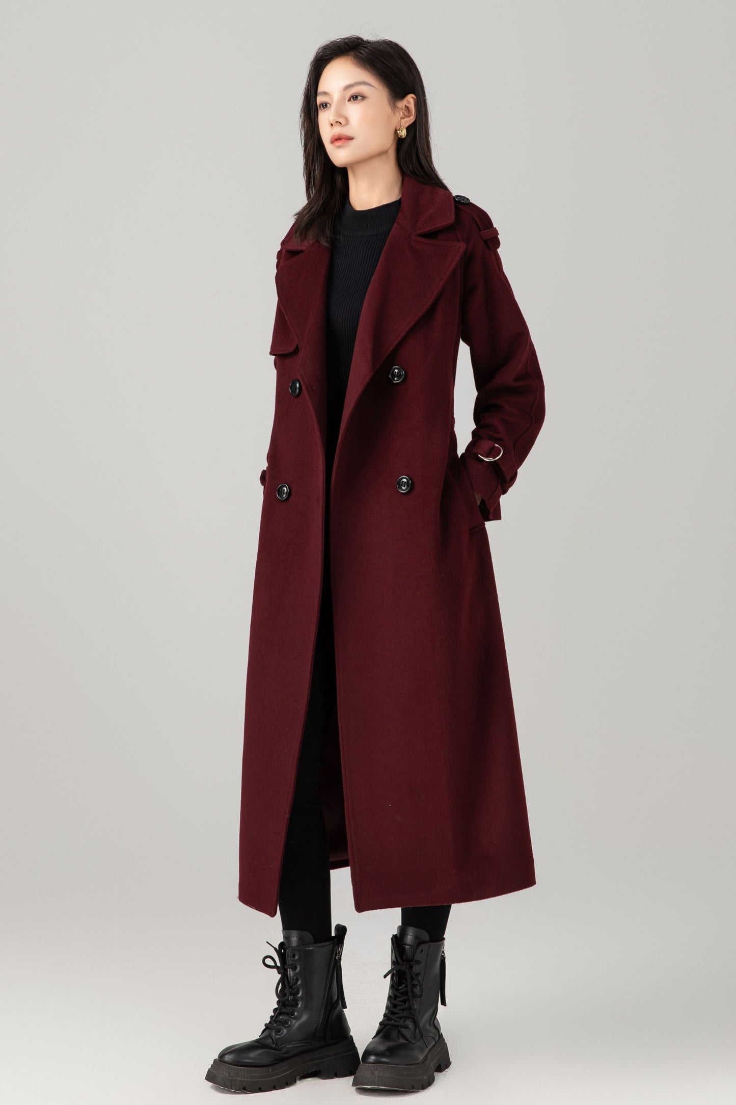 Burgundy wool maxi coat with self tie belt C5280