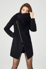 Load image into Gallery viewer, Black Hooded Asymmetrical Wool Coat C4323
