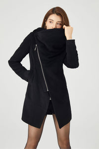 Black Hooded Asymmetrical Wool Coat C3680