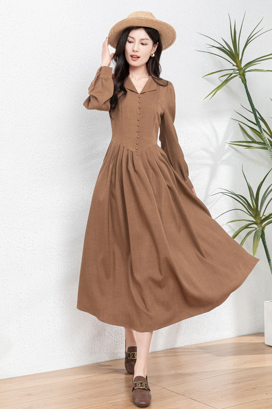 Vintage-Inspired Shirt Dress – Long Sleeve Midi Dress C4759