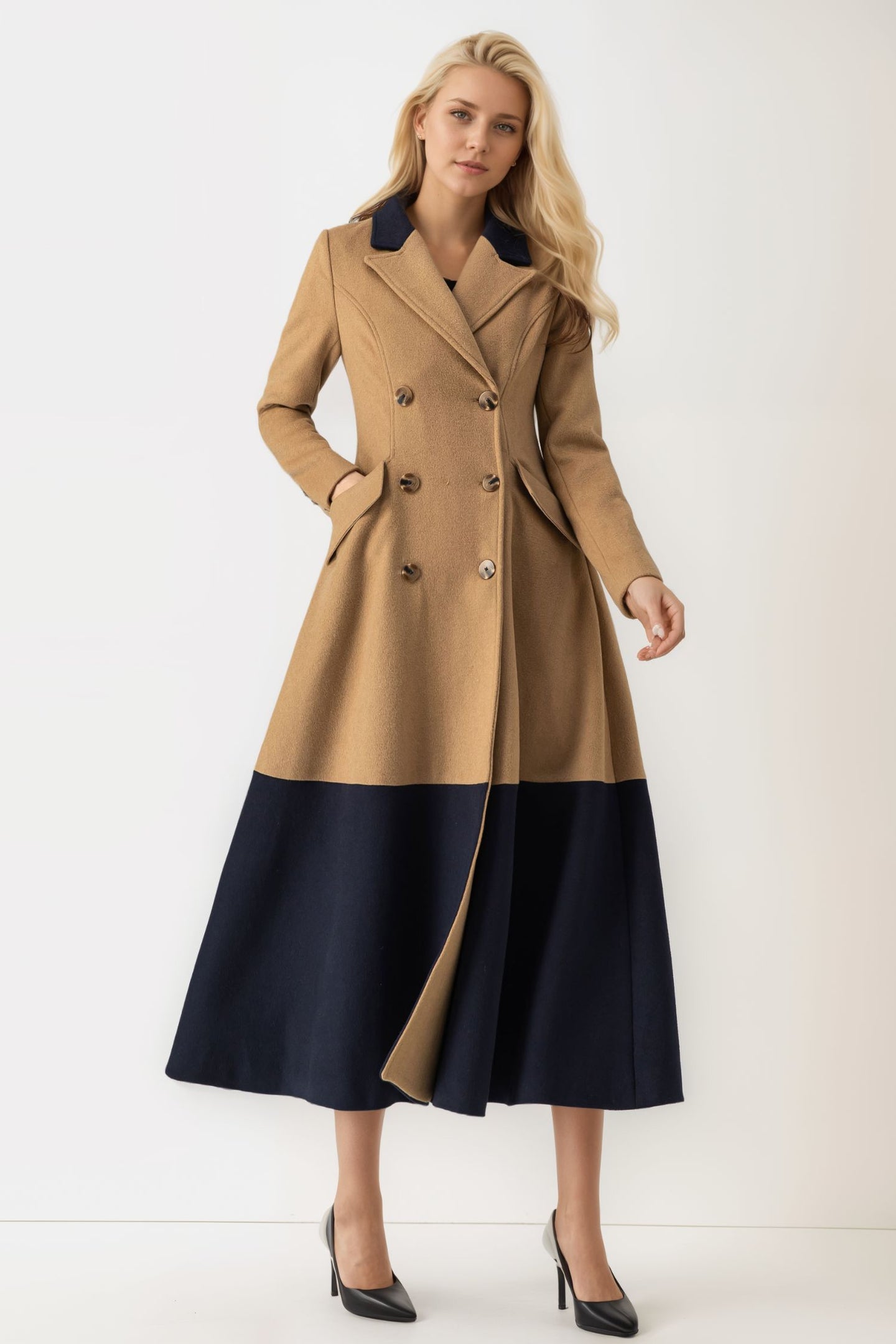 Womens Wool Double Breasted Dress Coat C4011