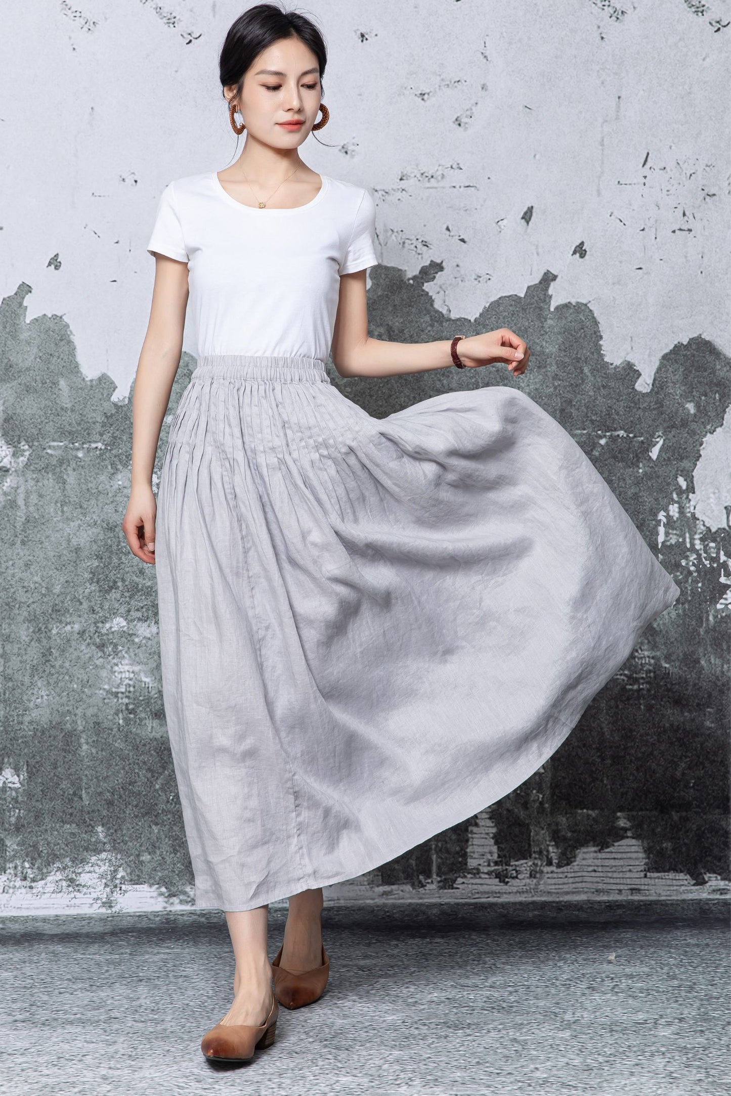 Gray Linen Maxi Skirt - Elastic Waist Pleated A-Line Silhouette c5466