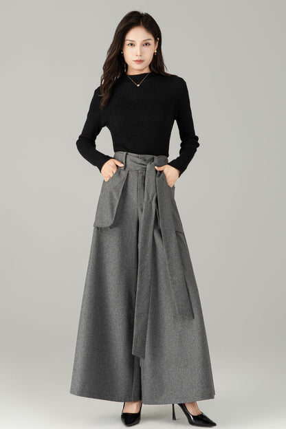 High-Waist Wide-Leg Wool Trousers — Palazzo Wool Pants C5245