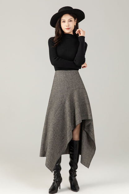 Gray irregular winter wool skirt women C5250