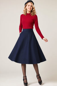 Dark Blue A Line Wool Skirt Women C4352